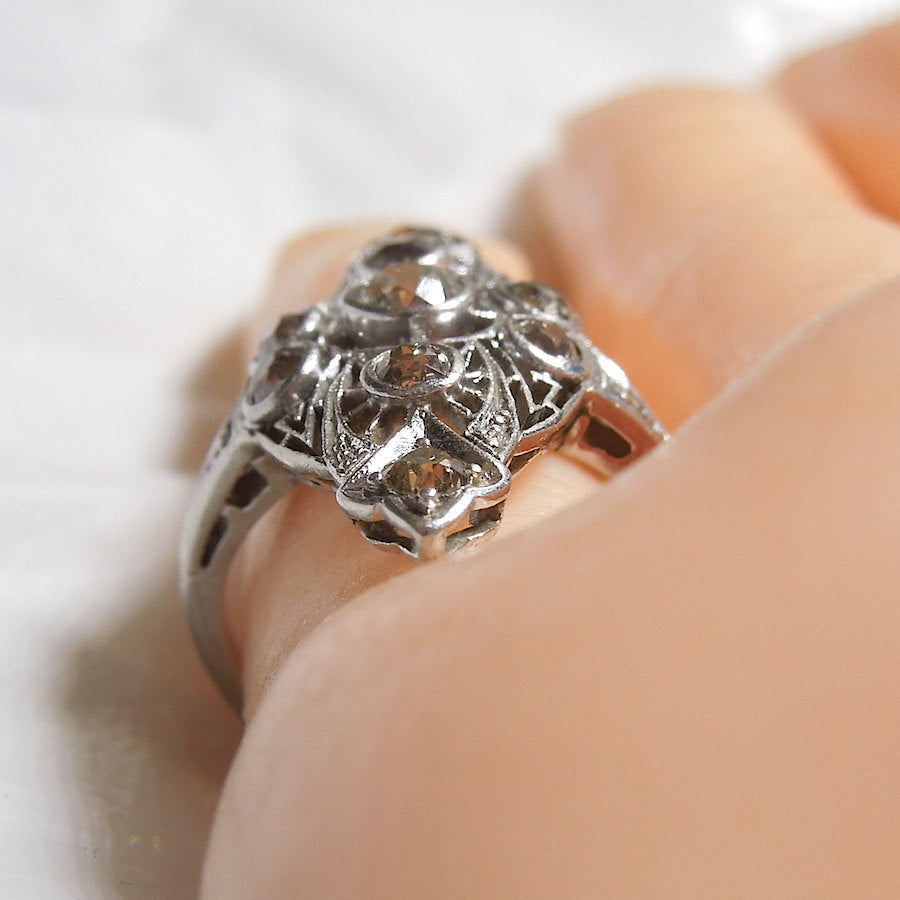 Edwardian Platinum Filigree and Diamond Navette Ring