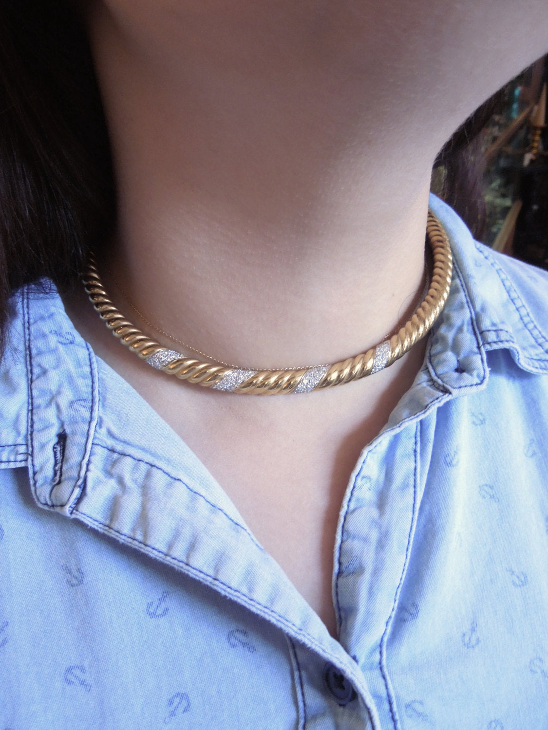 Rigid 18K Yellow Gold and Diamond Rope Collar Necklace