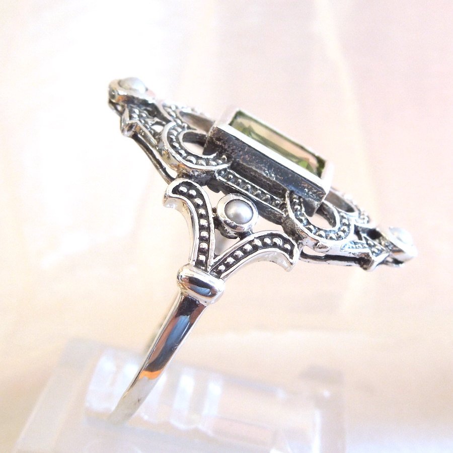 Emerald Cut Peridot in Sterling Silver Filigree Mounting with Seed Pearl