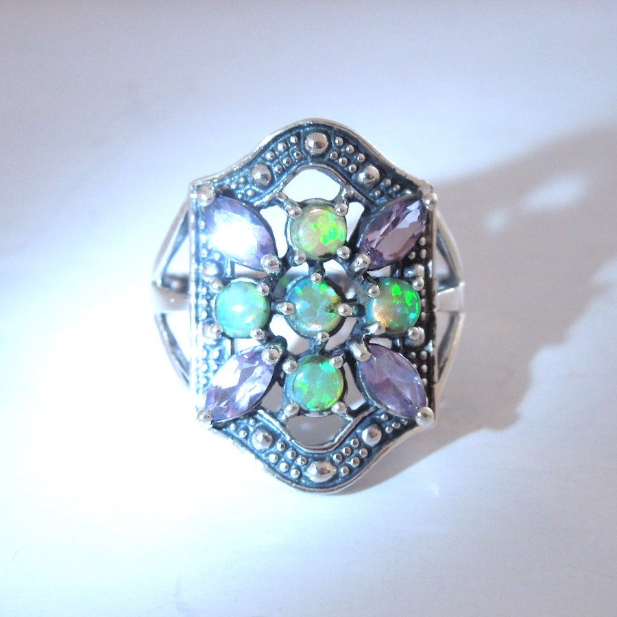 Opal and Amethyst Art Deco Style Ring in Sterling Silver