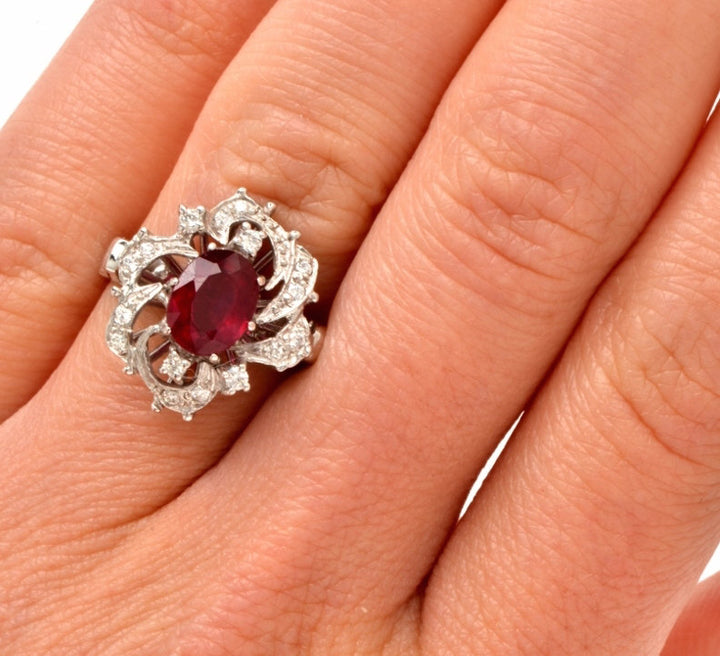 Vintage 1.2ct Ruby and Diamond Cocktail Ring in 18K White Gold