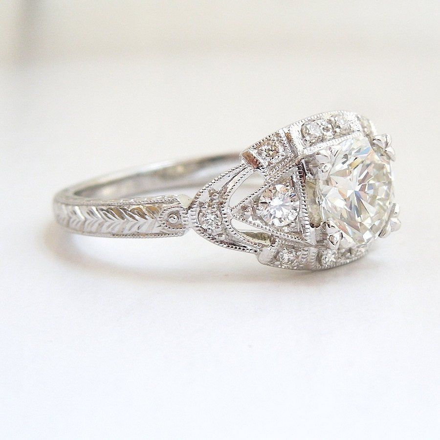 CUSTOM ORDER: "The Eye Ring" - Art Deco Style Engagement Ring in White Gold