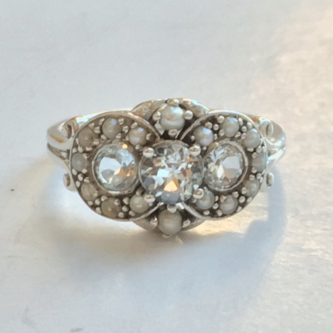 Natural Three Stone Aquamarine and Seed Pearl Silver Ring