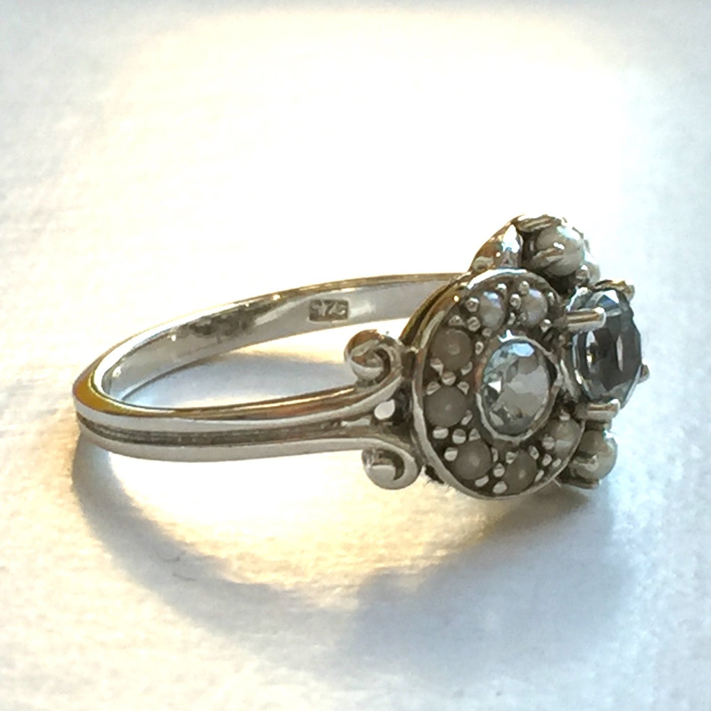 Natural Three Stone Aquamarine and Seed Pearl Silver Ring