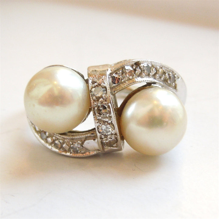 Double Pearl and Diamond Ring in 14K White Gold