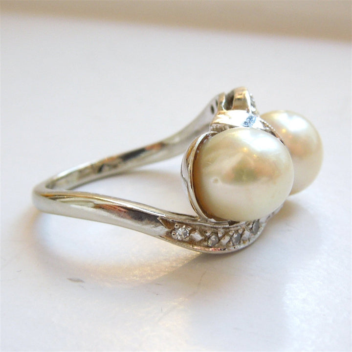 Double Pearl and Diamond Ring in 14K White Gold