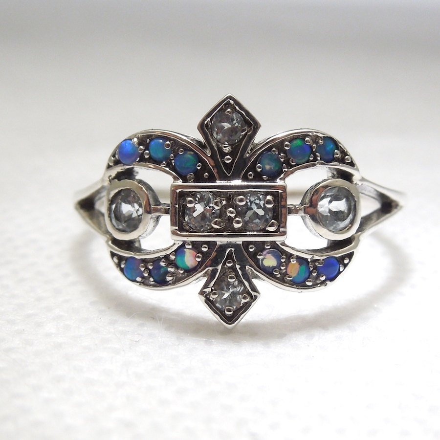 Edwardian Style Fleur-de-Lis Ring with Opal and Aquamarine