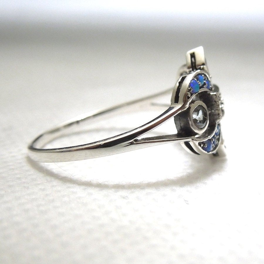 Edwardian Style Fleur-de-Lis Ring with Opal and Aquamarine