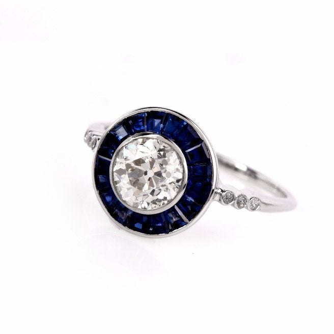 1.03 ct Old European Cut Diamond with Sapphire Halo in Platinum - Art Deco Style