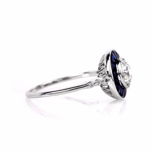 1.03 ct Old European Cut Diamond with Sapphire Halo in Platinum - Art Deco Style