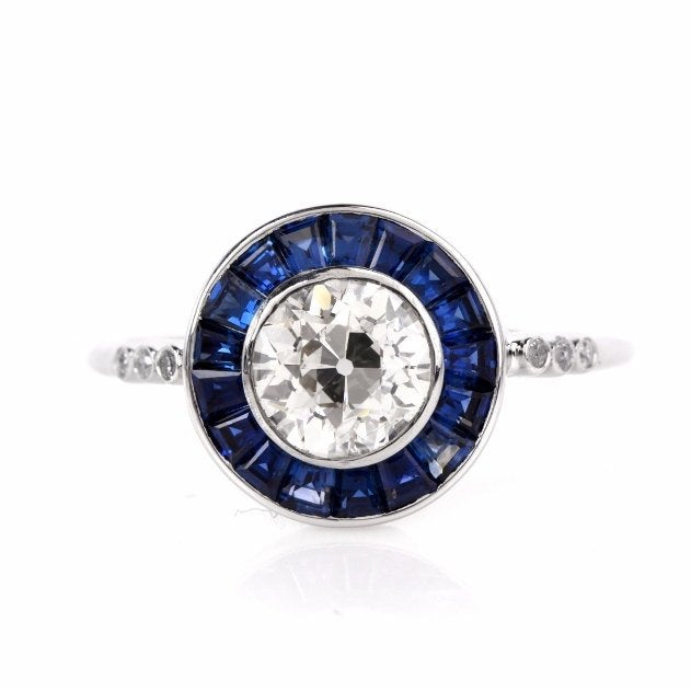 1.03 ct Old European Cut Diamond with Sapphire Halo in Platinum - Art Deco Style