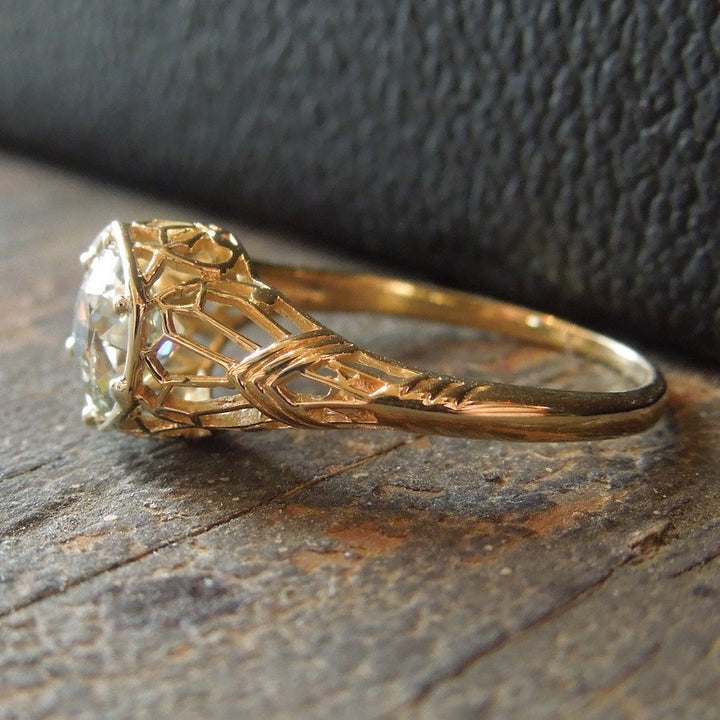 Edwardian Style 18K Yellow Gold Filigree 0.90ct Diamond Engagement Ring