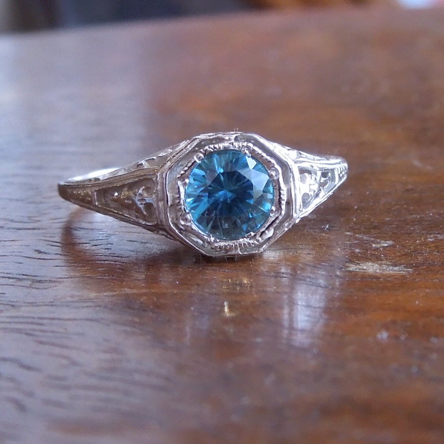 Blue Zircon in White Gold Art Deco Style Mounting