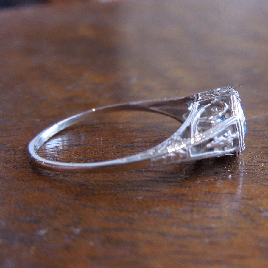 Blue Zircon in White Gold Art Deco Style Mounting