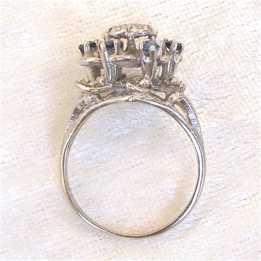 Vintage White Gold Diamond and Sapphire Cluster Ring